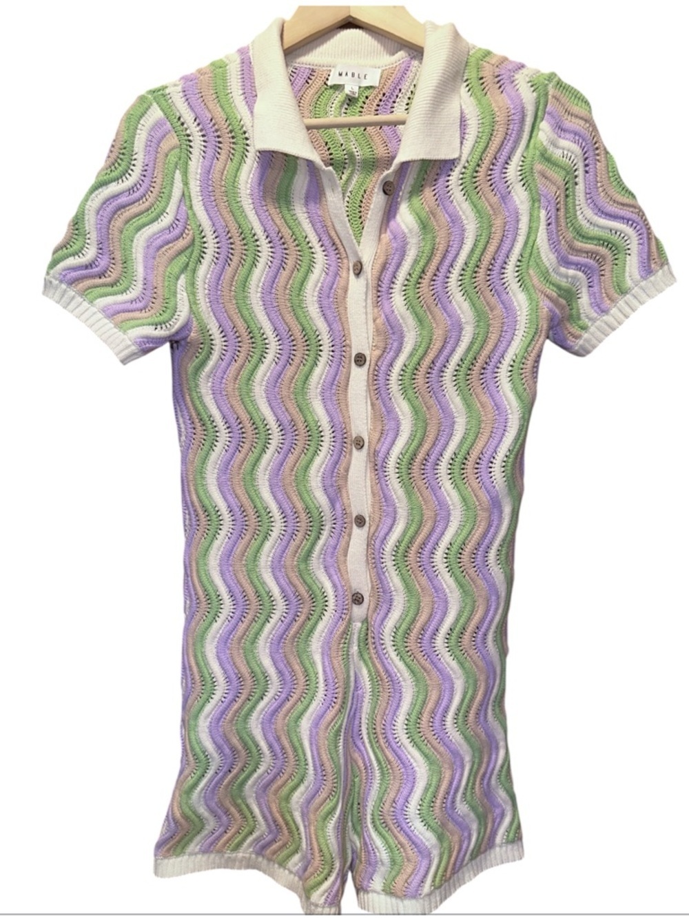 Anthropologie/Mable Crochet Short-Sleeve Romper in Green, Lavender & Cream